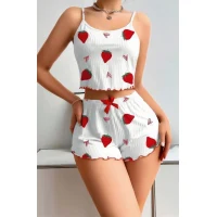 Arias Closet Penye Kumaş Çilek Desen Beyaz Şortlu Takım