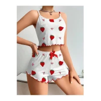 Arias Closet Penye Kumaş Çilek Desen Beyaz Şortlu Takım