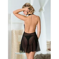 Arias Closet Siyah Dantel İşlemeli Boyundan Bağlamalı Sırt Dekolteli Fantezi Tül Gecelik Takımı