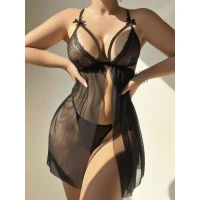 Arias Closet Siyah Dantel İşlemeli Göğüs İp Detaylı Dekolteli Fantezi Tül Gecelik String Takımı