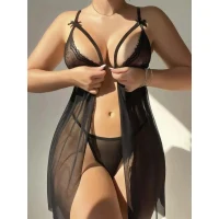 Arias Closet Siyah Dantel İşlemeli Göğüs İp Detaylı Dekolteli Fantezi Tül Gecelik String Takımı