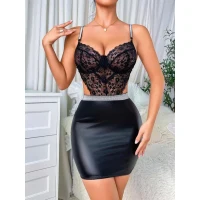 Arias Closet Siyah Dantelli Dekolteli Mini Fantezi Parlak Deri Gecelik