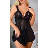 Arias Closet Sİyah Fırfırlı Göğüs Dekolteli Transparan Fantezi Tül Gecelik