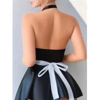 Arias Closet Siyah Göğüs Dekolteli Boyundan Bağlamalı Mini Etekli Fantezi Deri Hizmetçi Kostümü