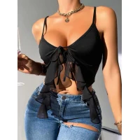 Arias Closet Siyah İnce Askılı Önden Bağlamalı Fırfır Detaylı Crop