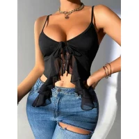 Arias Closet Siyah İnce Askılı Önden Bağlamalı Fırfır Detaylı Crop