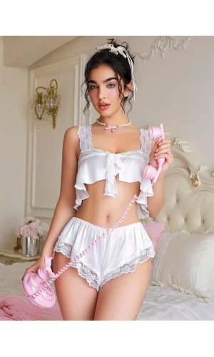 Arias Closet Beyaz Dantel İşlemeli Sütyenli Saten Şortlu Takım