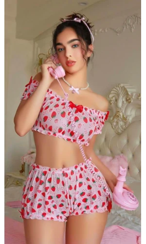 Arias Closet Pembe Çilek Desenli Şortlu Fantezi Sütyen Takımı