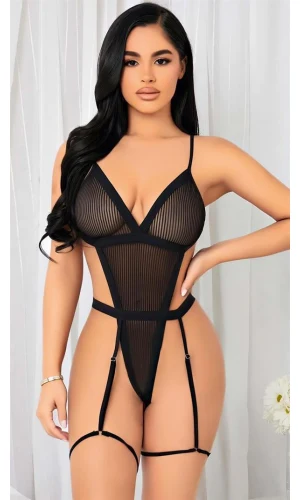Arias Closet Siyah İp Detaylı Tül Fantezi Body
