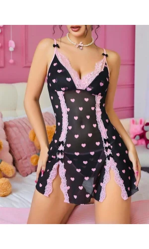 Arias Closet Siyah Kalp Desenli Dantel İşlemeli Fantezi Gecelik