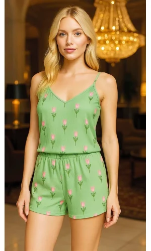 Arias Closet Yeşil Çiçek Desenli Askılı Şortlu Pijama Takımı