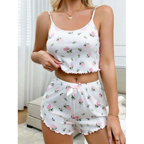 Arias Closet Beyaz Üstüne Gül Desenli Fitilli Askılı Şortlu Pijama Takımı