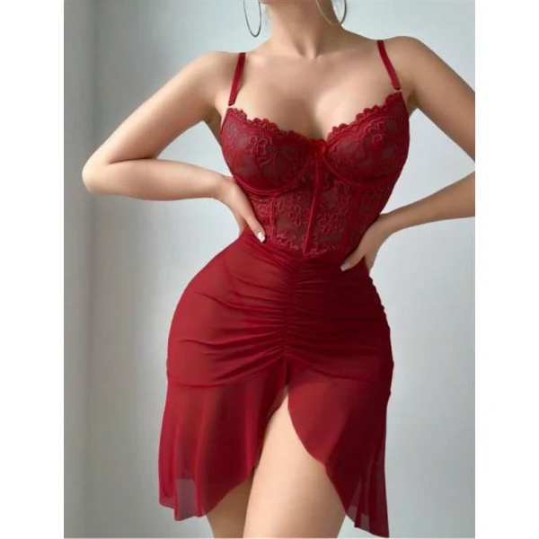 Arias Closet Fırfırlı Dantel İşlemeli Tül Fantezi Bordo Gecelik