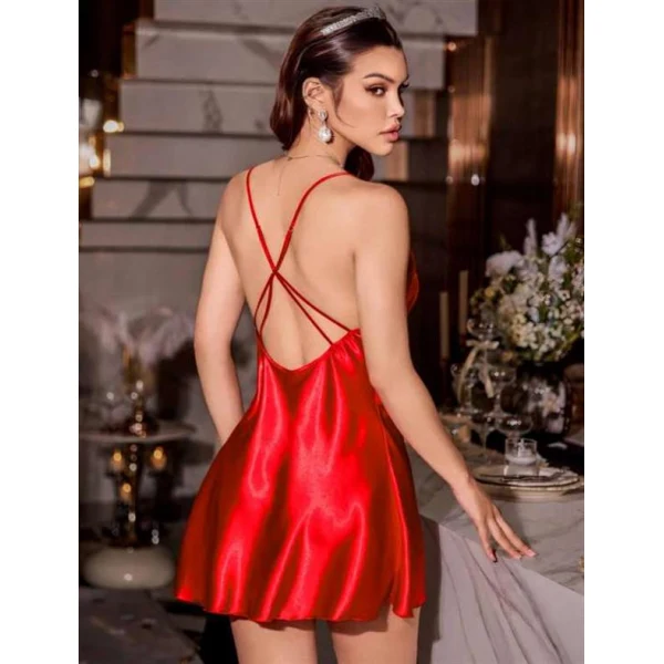 Arias Closet Kırmızı Dantel İşlemeli İnce Askılı Sırt Dekolteli Saten Mini Gecelik
