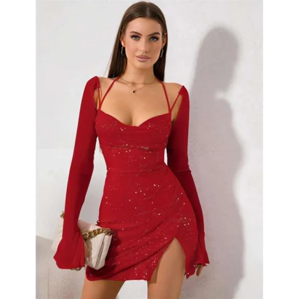 Arias Closet Kırmızı Yırtmaç Detay Simli Fantezi Mini Club Elbisesi