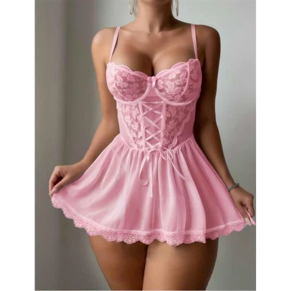 Arias Closet Özel Tasarım Pembe Dantel İşlemeli Tül Fantezi Gecelik