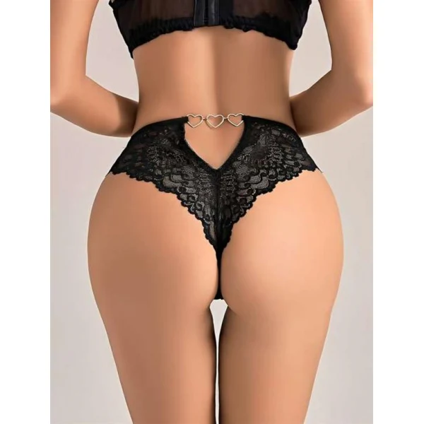 Arias Closet Siyah Dantel İşlemeli Arkası Kalp Detaylı Fantezi String Tanga