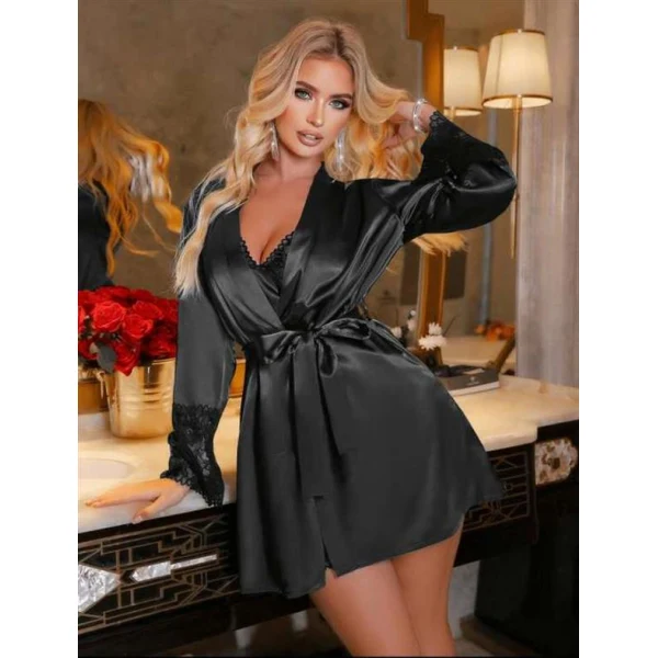 Arias Closet Siyah Dantel İşlemeli İnce Askılı 2li Saten Gecelik Sabahlık Takımı