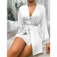 Arias Closet Dantel İşlemeli İnce Askılı Beyaz 2li Saten Gecelik Sabahlık Takımı