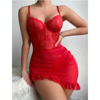 Arias Closet Fırfırlı Dantel İşlemeli Tül Fantezi Kırmızı Gecelik