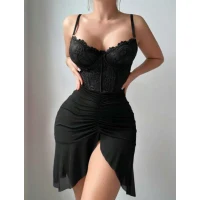 Arias Closet Fırfırlı Dantel İşlemeli Tül Fantezi Siyah Gecelik