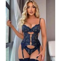 Arias Closet Kalp Aksesuarlı Dantelli Fantezi Mavi Jartiyer Takım