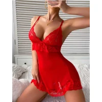 Arias Closet Kırmızı Dantel İşlemeli İnce Askılı Likralı Fantezi Tül Gecelik