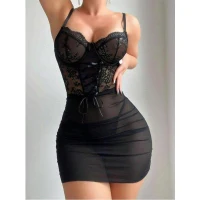 Arias Closet Siyah Dantel İşlemeli Tül Fantezi Gecelik