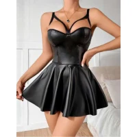 Arias Closet Siyah Etekli Pileli Göğüs Detaylı Fantezi Deri Elbise