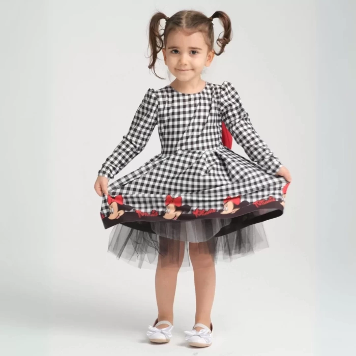 Minie Mouse Desen Uzun Kollu Sırtı Dekolteli Doğum Günü Elbisesi