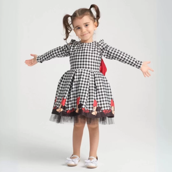 Minie Mouse Desen Uzun Kollu Sırtı Dekolteli Doğum Günü Elbisesi