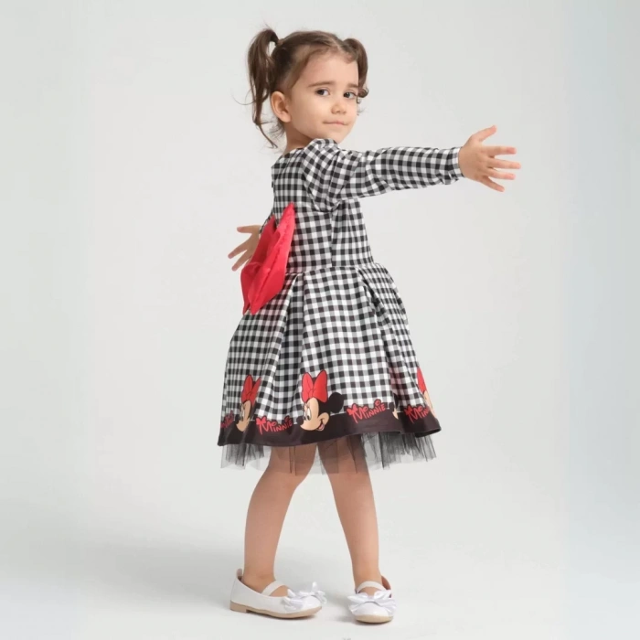 Minie Mouse Desen Uzun Kollu Sırtı Dekolteli Doğum Günü Elbisesi