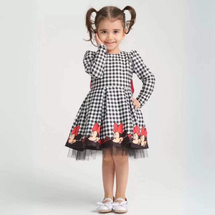 Minie Mouse Desen Uzun Kollu Sırtı Dekolteli Doğum Günü Elbisesi