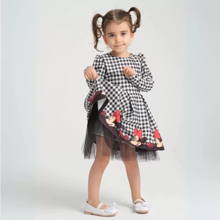 Minie Mouse Desen Uzun Kollu Sırtı Dekolteli Doğum Günü Elbisesi