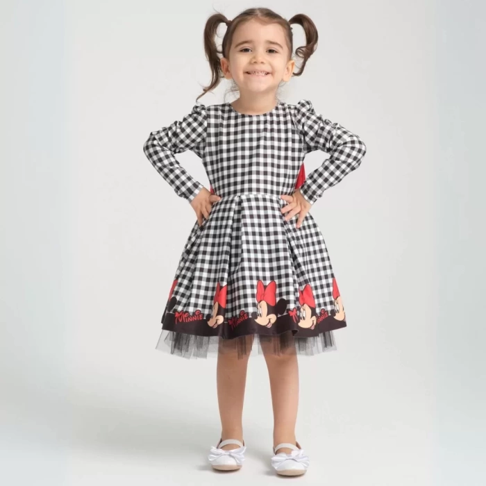 Minie Mouse Desen Uzun Kollu Sırtı Dekolteli Doğum Günü Elbisesi