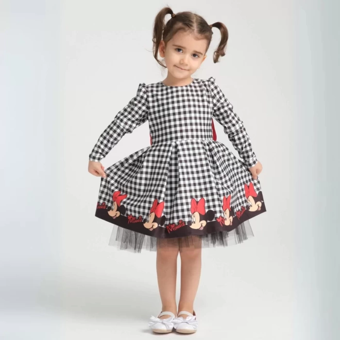 Minie Mouse Desen Uzun Kollu Sırtı Dekolteli Doğum Günü Elbisesi