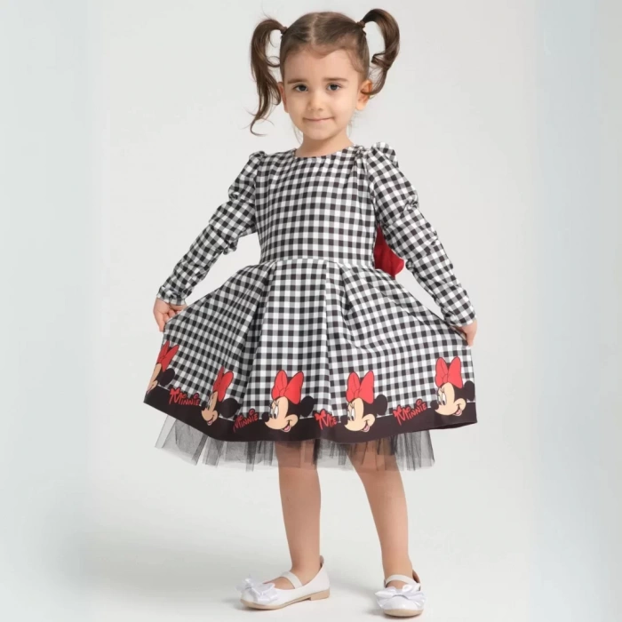 Minie Mouse Desen Uzun Kollu Sırtı Dekolteli Doğum Günü Elbisesi