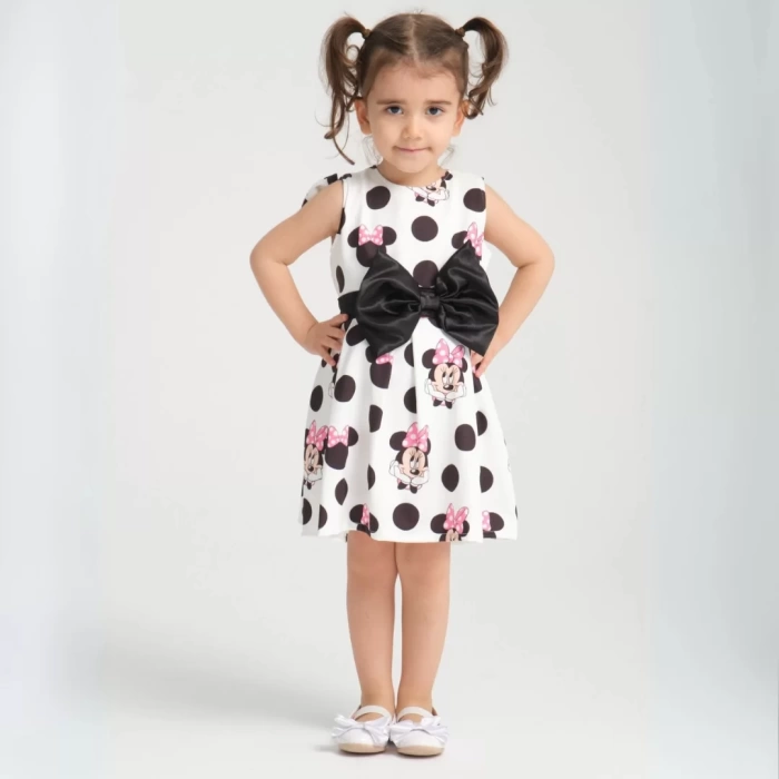 Minie Mouse Desen Pileli Kolsuz Kemerli Doğum Günü Elbisesi