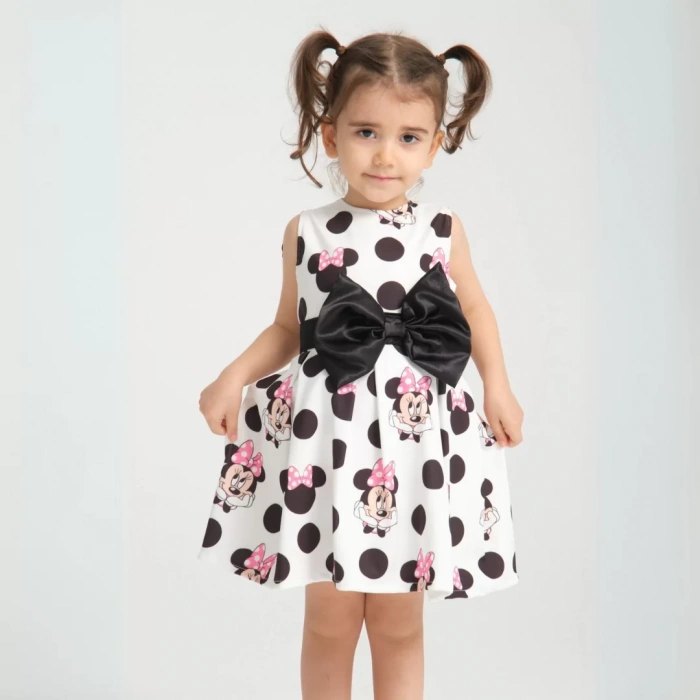 Minie Mouse Desen Pileli Kolsuz Kemerli Doğum Günü Elbisesi