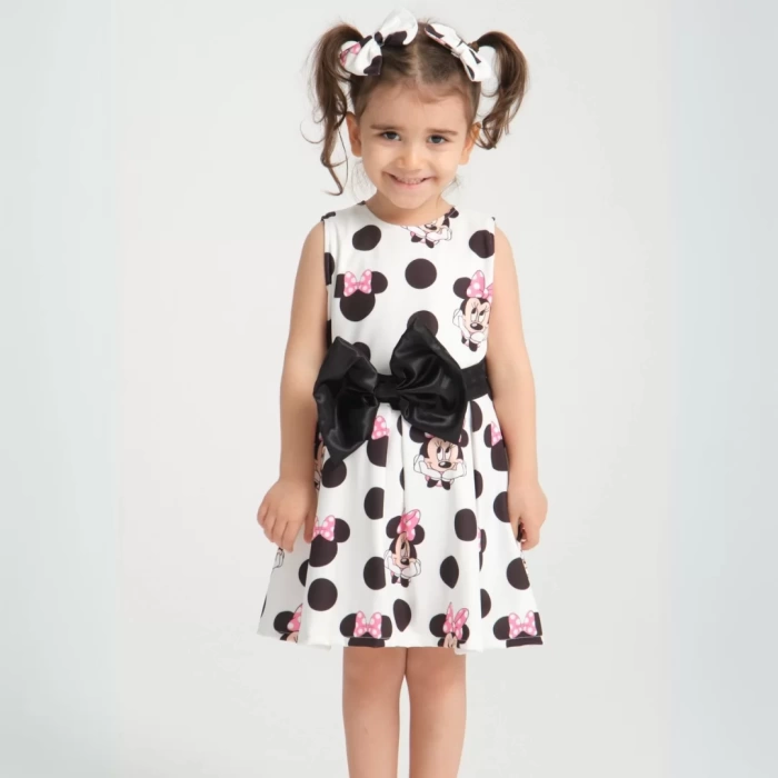 Minie Mouse Desen Pileli Kolsuz Kemerli Doğum Günü Elbisesi