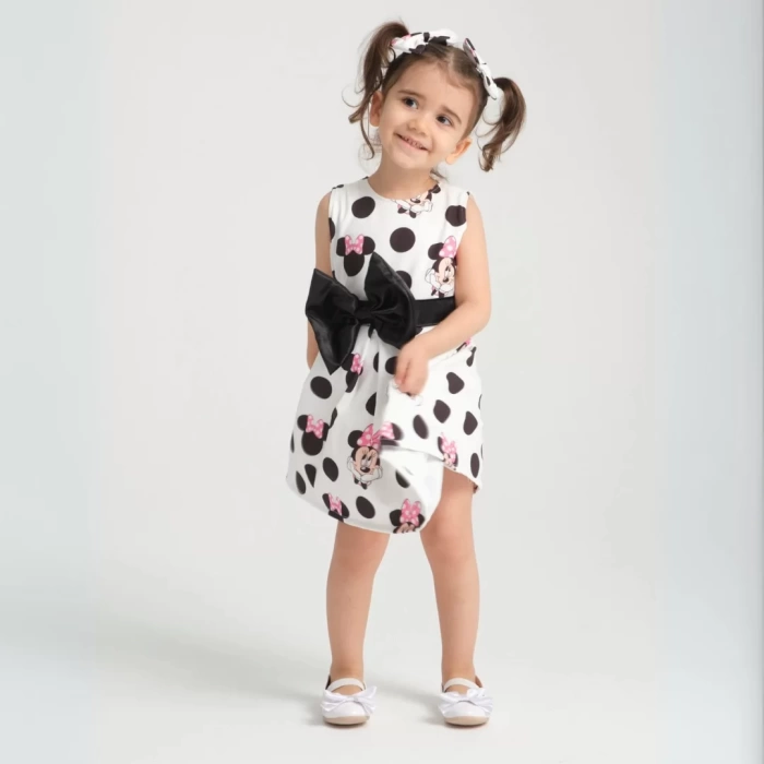 Minie Mouse Desen Pileli Kolsuz Kemerli Doğum Günü Elbisesi