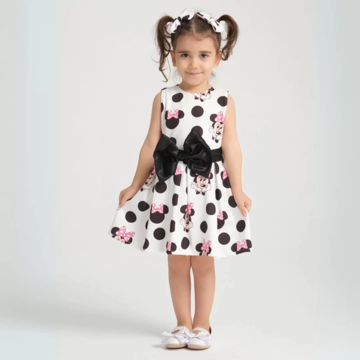 Minie Mouse Desen Pileli Kolsuz Kemerli Doğum Günü Elbisesi