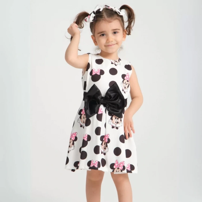 Minie Mouse Desen Pileli Kolsuz Kemerli Doğum Günü Elbisesi