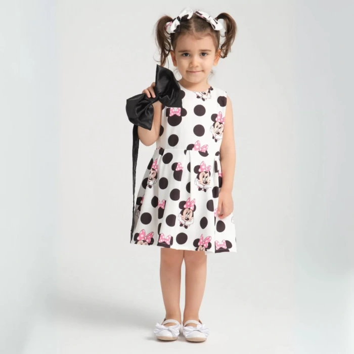 Minie Mouse Desen Pileli Kolsuz Kemerli Doğum Günü Elbisesi