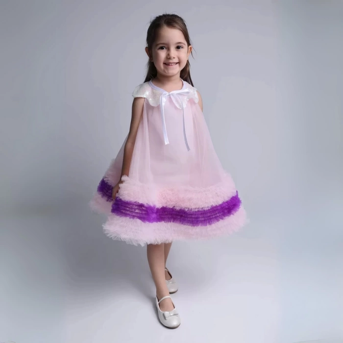 RUFFLES-Zarif Yaka Detaylı Tül Elbise