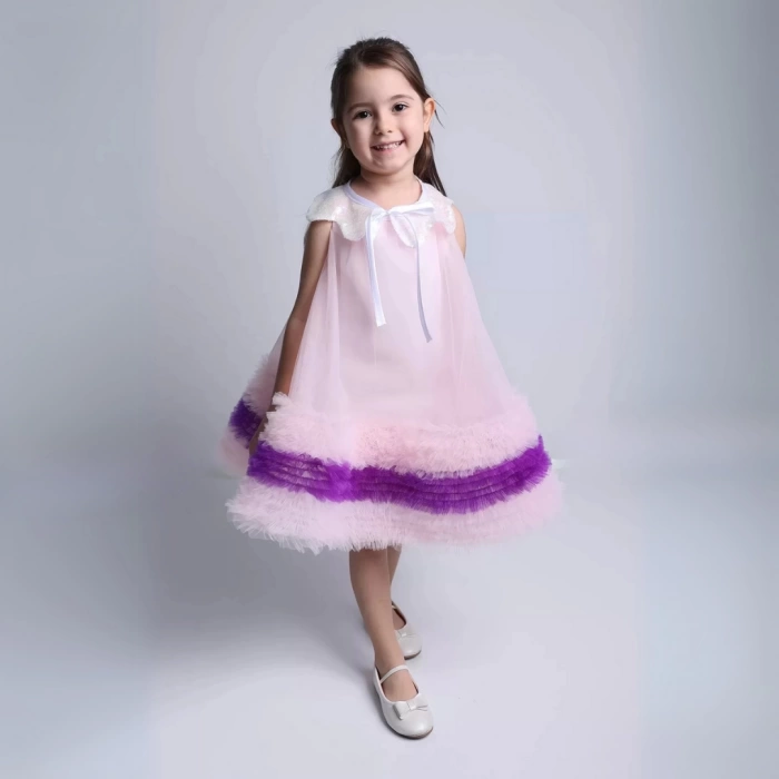 RUFFLES-Zarif Yaka Detaylı Tül Elbise
