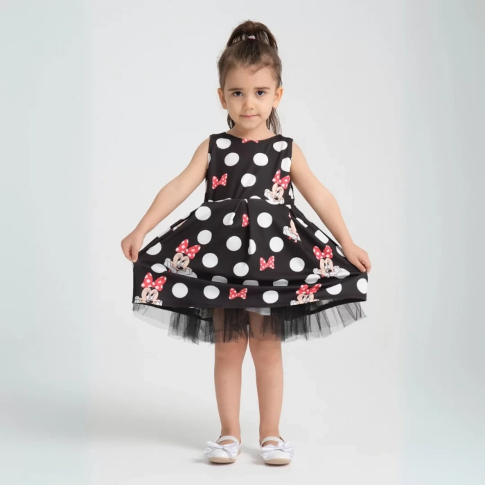 Siyah Üzeri Kırmızı Fiyonk Detaylı Minie Mouse Desenli Doğum Günü Elbisesi