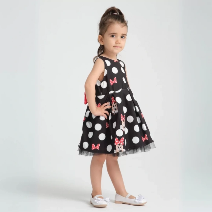 Siyah Üzeri Kırmızı Fiyonk Detaylı Minie Mouse Desenli Doğum Günü Elbisesi