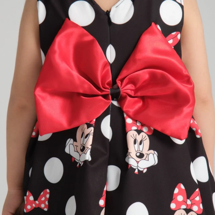 Siyah Üzeri Kırmızı Fiyonk Detaylı Minie Mouse Desenli Doğum Günü Elbisesi