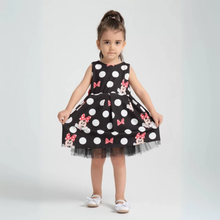 Siyah Üzeri Kırmızı Fiyonk Detaylı Minie Mouse Desenli Doğum Günü Elbisesi